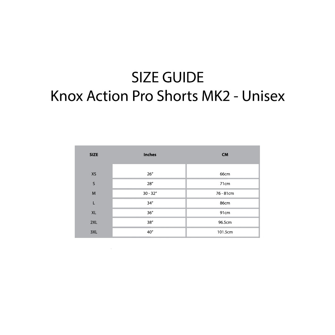 KNOX Size Chart Action Pro Shorts - Unisex