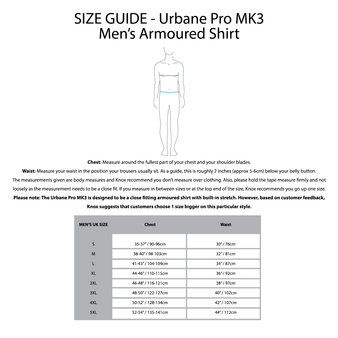 KNOX Size Chart - Urbane Pro MK3 Men's Shirt