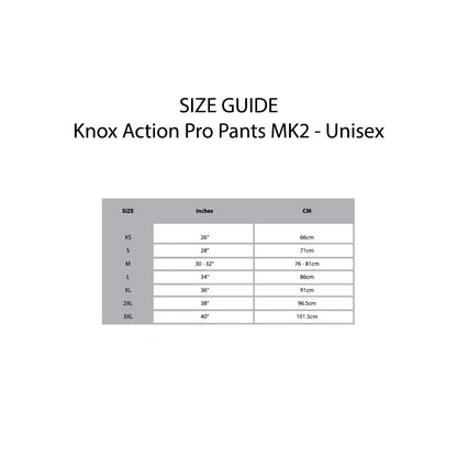 KNOX Size Chart Action Pro Pants - Unisex