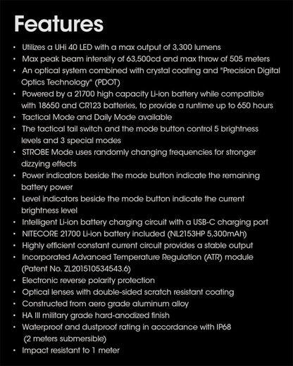 NITECORE MH12PRO 3300 LUMEN UHI USB-C TACTICAL FLASHLIGHT 505 YARDS THROW
