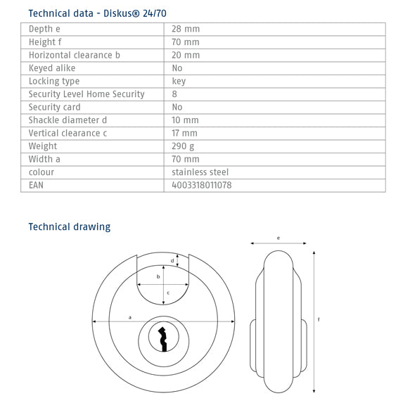 ABUS 24/70 Diskus Padlock Tech Data