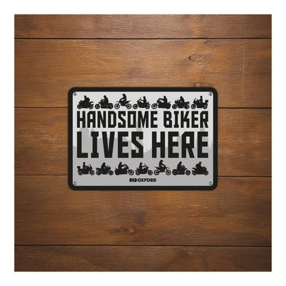 Oxford Garage Metal Sign: Handsome Biker Lives Here