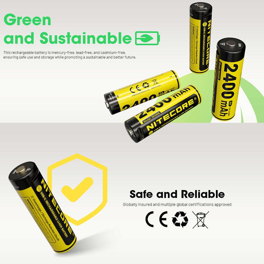 NITECORE LI-ION RECHARGEABLE AA BATTERY 2400MAH 1.5V 4 PACK KIT